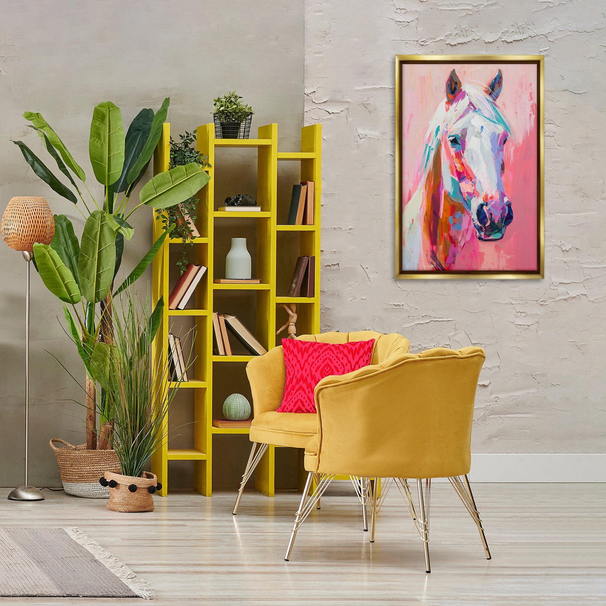 Stupell Industries Horse Visage on Pink Animals Painting Gold Floater Framed Canvas Art Print Wall Art, 21 x 31