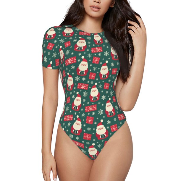 Fotbe Santa Claus Body de Mujer con Cuello Redondo y Mangas Cortas, Sin Mangas Ajustado, Suave, Cómodo y Básico-X-Large