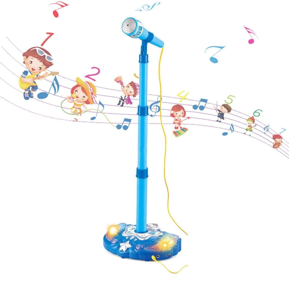 HMANE Adjustable Kids Karaoke Stand Music Microphone Toy with Light Blue 