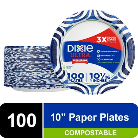 Dixie Ultra Compostable Paper Plates, 10 in, 100 Count, 3X Stronger*, Multicolor, Disposable Plates - 2 Pack