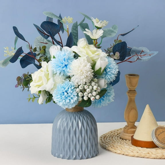 Blue Flower Vase Ceramic Flowers Vase Faux  Vase Bouquet for Table Centerpiece Decorations Home Kitchen Decor（No Flower）