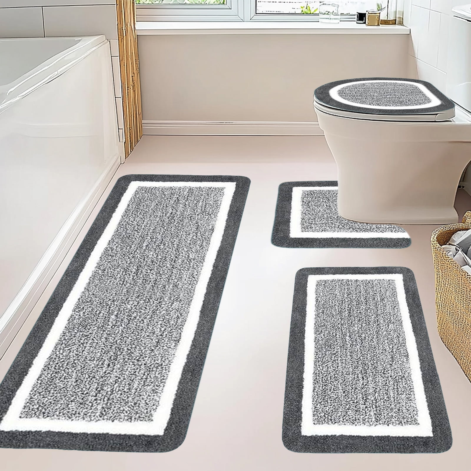 Tuvgenk 4 Piece Bathroom Rugs Set Absorbent Non Slip Toilet Rugs Gray Large Bathroom U Shaped Floor Mats for Shower