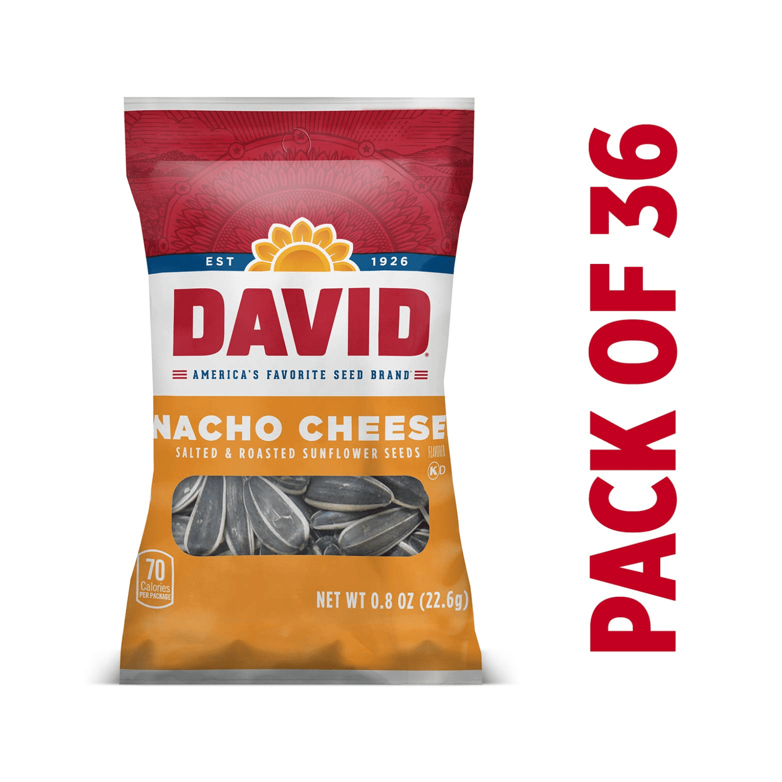 DAVID Sunflower Seeds, Nacho Cheese, 0.8-Ounce Bags (Box of 36 Count) - On Sale