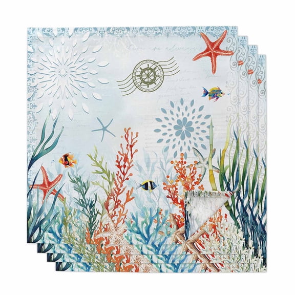 Coastal Blue Cloth Napkins, Ocean Coral Starfish Shell Nautical Seagrass Washable and Reusable Dinner Napkins Set of 4, Table Napkin for Kitchen Party Birthday Wedding Hotel Housewarming 20"x20"