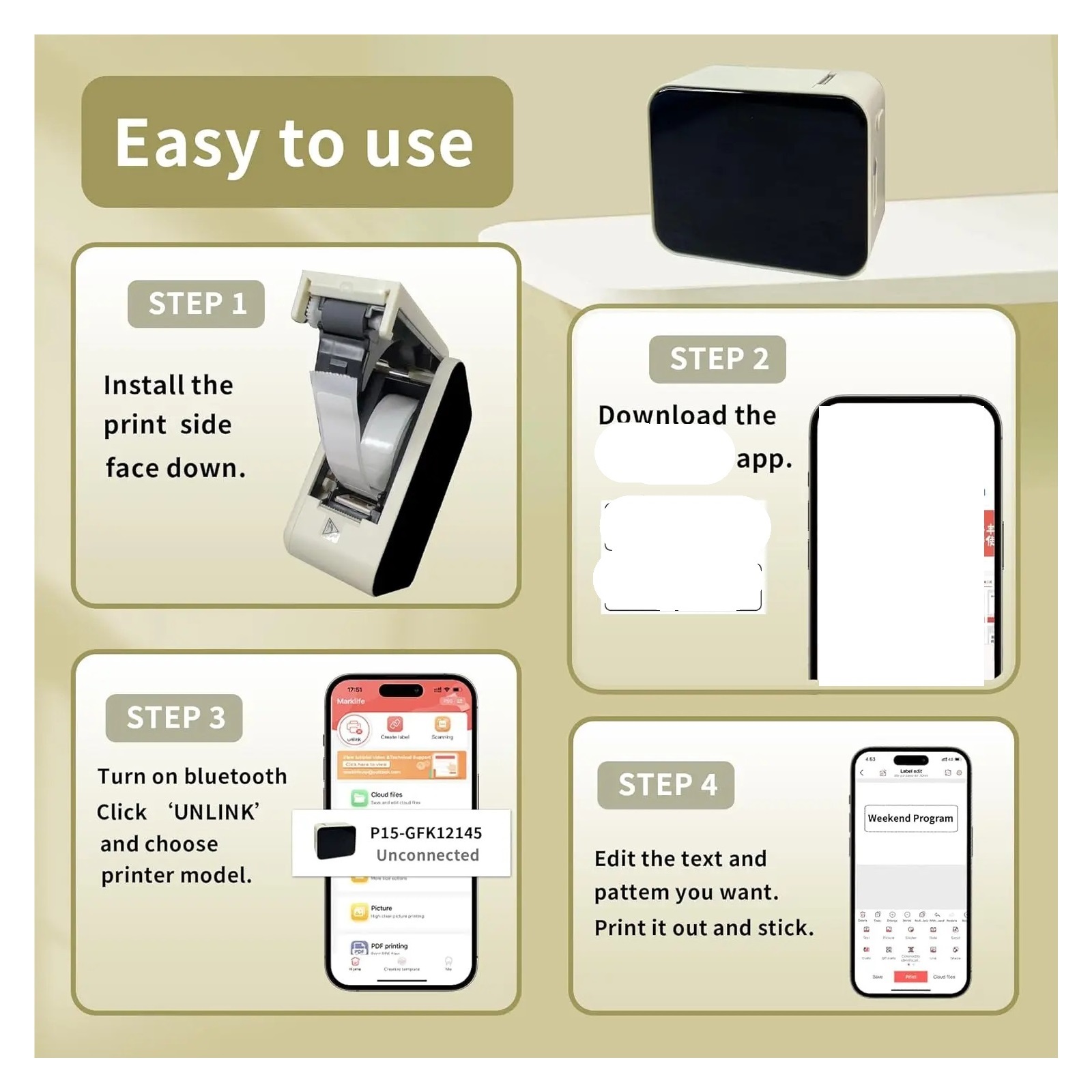Mini Portable Thermal Printer Without Ink Self-Adhesive Label Maker Printer for Stickers Labeller