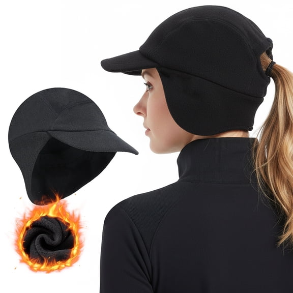 HOMEYA Fleece Ponytail Winter Hats for Women Baseball Cap with Drop Down Ear Warmer - Black