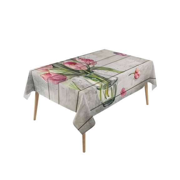 Pink Tulip Table Cloth, Waterproof Tablecloth for Rectangle Tables, Vintage Spring Floral Retro Art Butterfly Wooden Reusable Washable Fabric Table Cover for Restaurant Kitchen Dining Tables 54"x108"