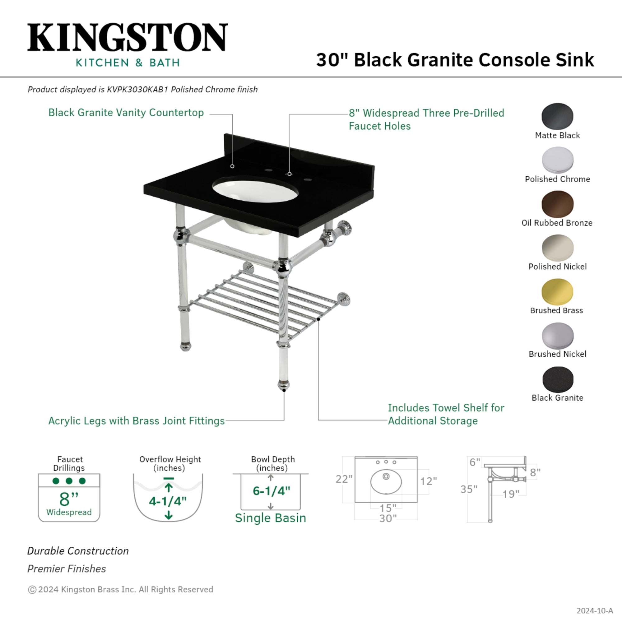 Kingston Brass KVPK3030KAB7 Templeton 30" Black Granite Console Sink with Acrylic Legs and Shelf (8-Inch, 3-Hole), Black Granite/Brushed Brass