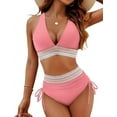 thumbnail image 1 of Women Tummy Control Swimsuits Color Block Two Piece Drawstring Bathing Suit Pink XL, 1 of 7