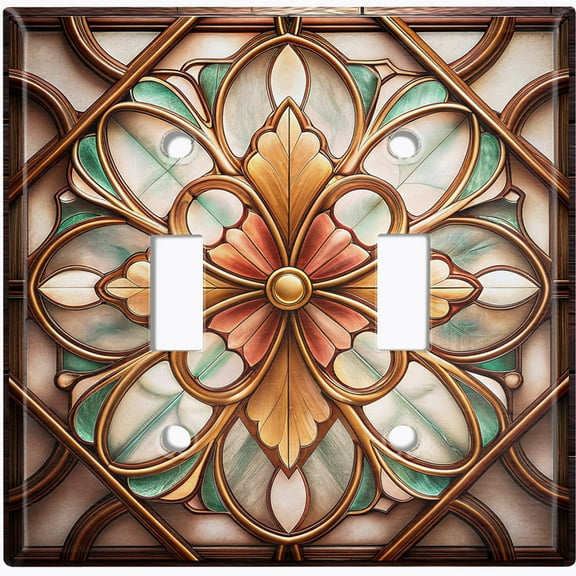 Metal Light Switch Wall Plate Outlet Cover (Printed Image of Stained Glass Floral Design - Double Toggle)
