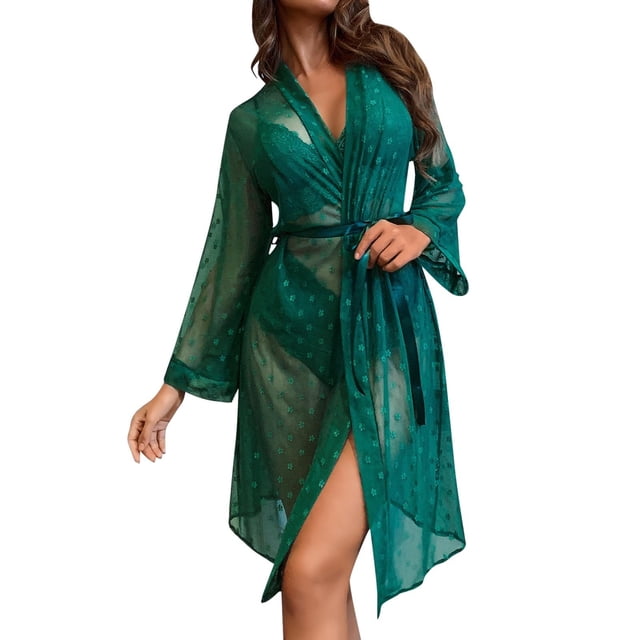 Gibobby Pijamas para mujer Batas de mujer Traje de ropa interior de sujetador de ropa interior sexy de cuatro piezas(Verde,G)