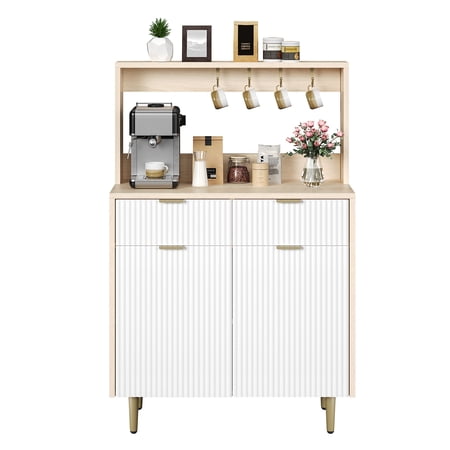 Modern Fluted Sideboard Buffet Cabinet – Wood Console with Adjustable Shelves & 2 Drawers – Ample Storage for Kitchen Dining Room Living Room Entryway – Natural Wood Color & White Drawer Surface