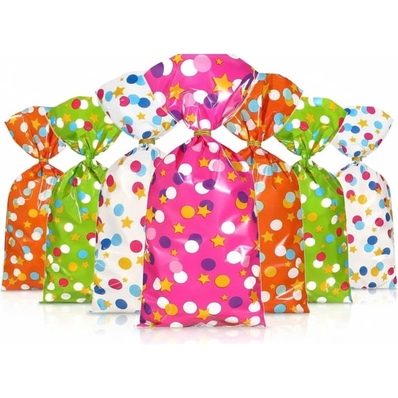 100 Pcs Polka Dot Cellophane Treat Bags, Rainbow Star Party Favor Candy Bags with 100 Twist Ties for Birthday, Pride Day and Holiday Party Supplies (Dot Style)