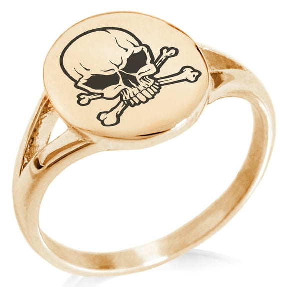 Stainless Steel Pirate Skull & Crossbones Minimalist Oval Top Polished Statement Signet Ring