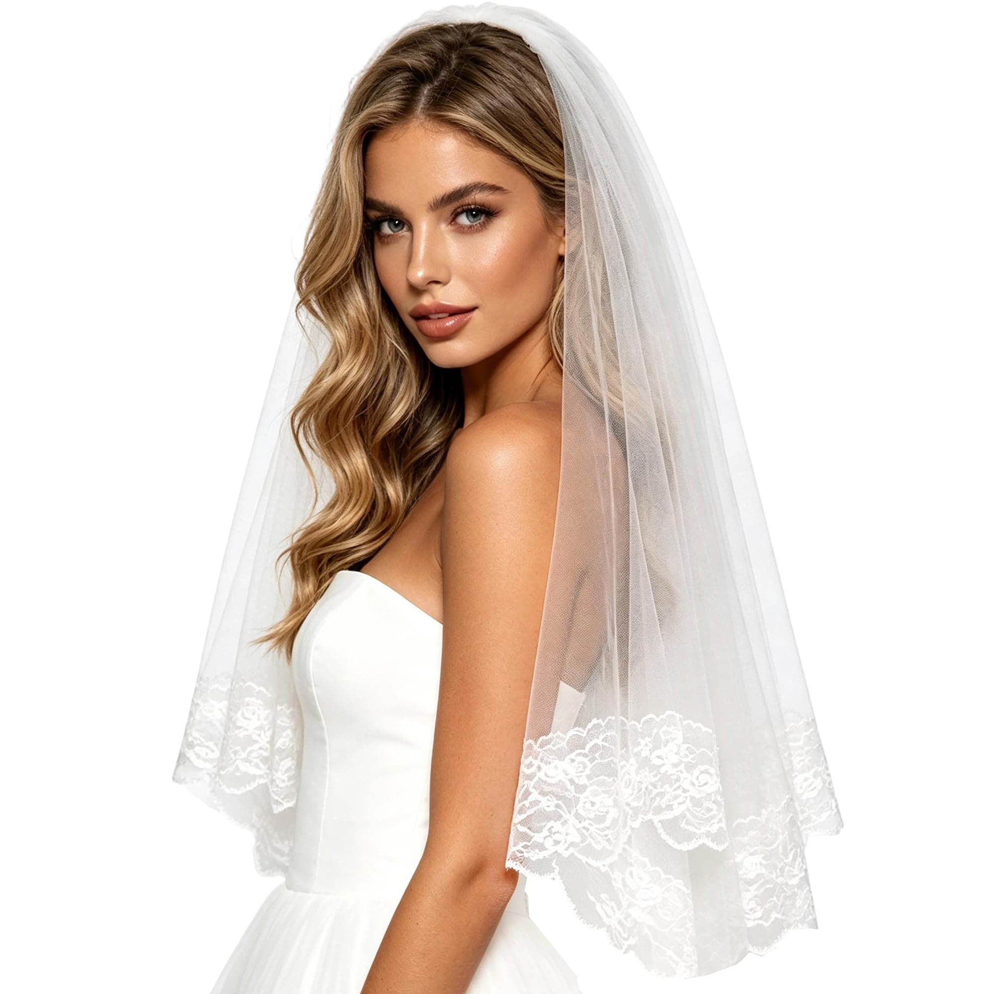 Pidzorl 2 Tier Lace Bridal Veil with Embroidered Floral Edge Elegant Wedding Accessory