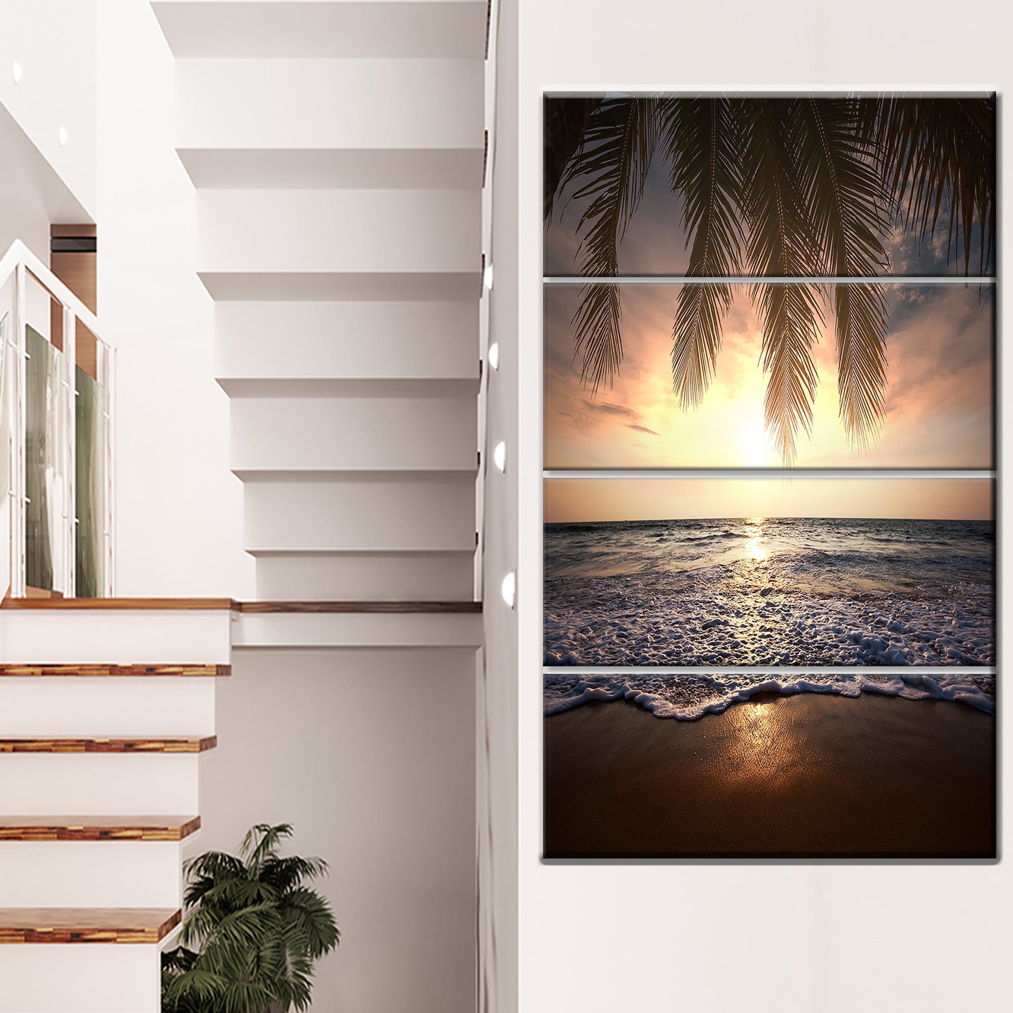 Designart 'Tropical Beach with Palm Leaves ' Seashore Canvas Art Print