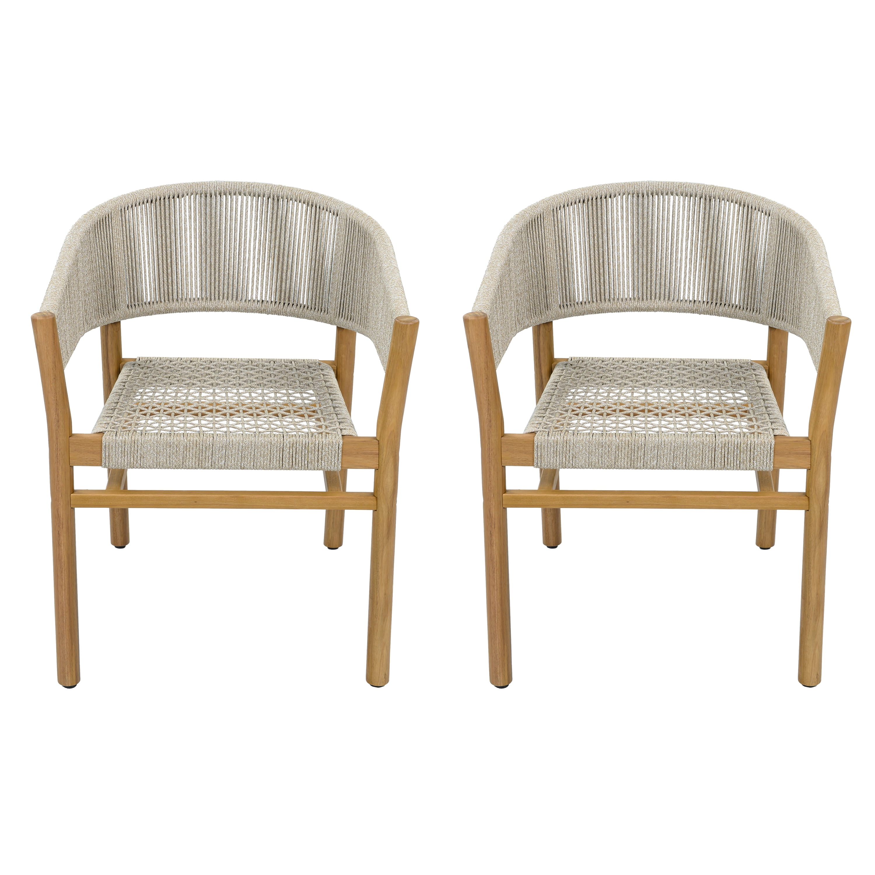 Rope Design Accent Chairs Set of 2, Outdoor Patio Seating Furniture, Teak Finish and Natural Rope