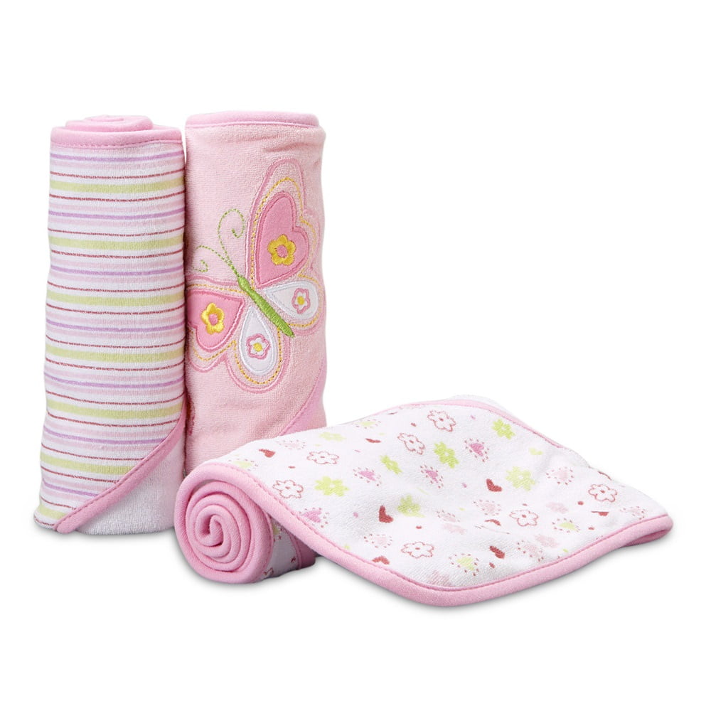 Spasilk Baby 3 Pack Soft Terry Hooded Towel Bath Set for Newborn and Infant Girls  Pink Butterfly