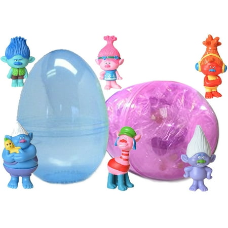 1 Toy Filled Jumbo Easter Egg With 6 Troll Figurines Inside - Assorted Characters From Dreamworks Trolls - Prefilled To Save You Time - Perfect Party Favor - Durable Easy Open 6 Inch Egg