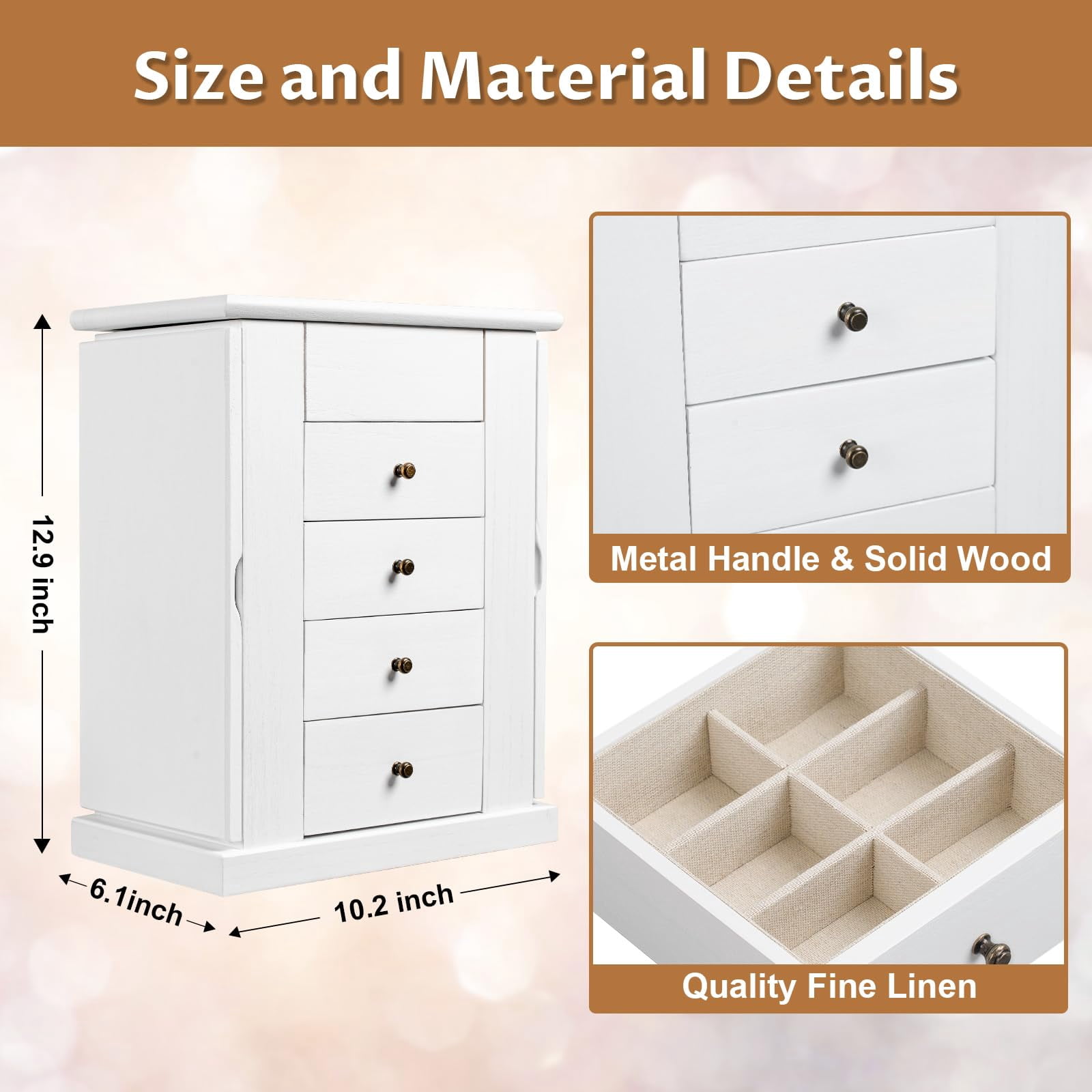Jewelry Box for Women, 5 Layer Large Wood Boxes & Organizers for Necklaces Earrings Rings Bracelets, Rustic Organizer with Drawers and Mirror, White