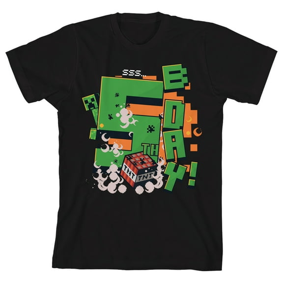 Minecraft 5th B Day Boy's Black Crew Neck Short Sleeve T-shirt-Medium