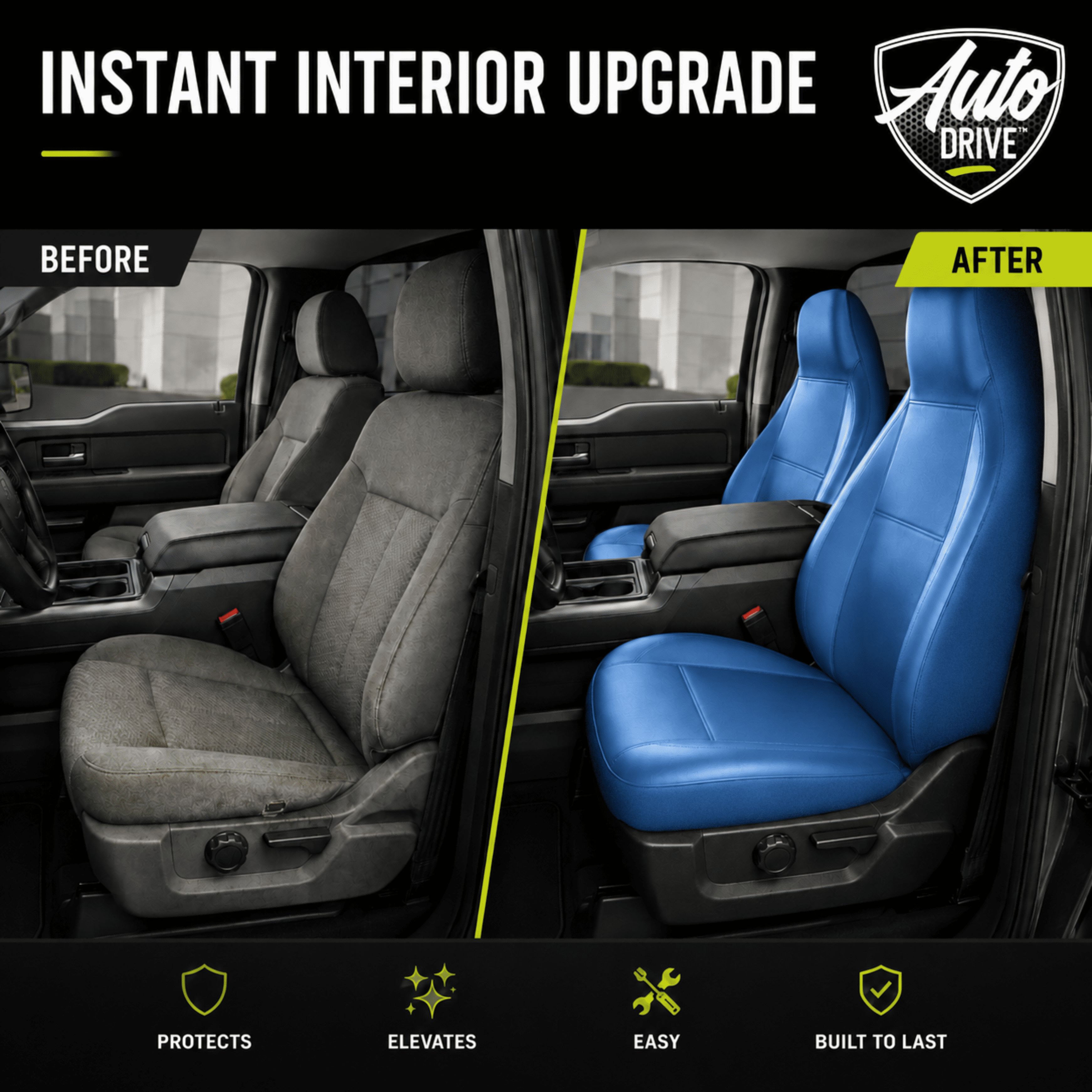 Auto Drive Car Seat Cover,High Back Full Leather Seat Protector Front Seat, Premium Comfortable Anti-Slip, Airbag Compatible Universal Fit for Cars SUVs Trucks，Blue