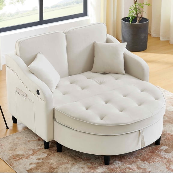 Timbernest Loveseat with Storage Ottoman, Convertible Sofa Bed with USB for Living Room, Beige