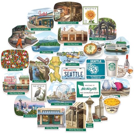 Evergreen Seattle Travel Stickers (28pcs) - Hand-Illustrated, Gouache Style, America-Themed Stickers for Scrapbooks, Journals, Laptop