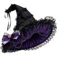 thumbnail image 2 of GILIGEGE Women's Solid Color Gothic Lace Witch Hat,Vintage Ruffled Wide Brim Pointed Hat with Chain Rose Bow, Cosplay Costume Accessory for Halloween Masquerade Party Purple, 2 of 5
