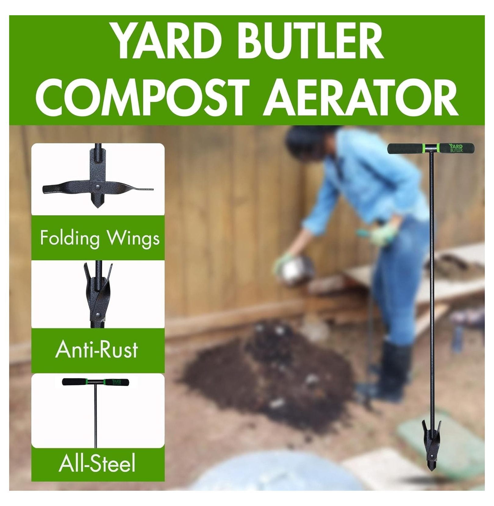 ICA-36 Compost Aerator - Lawn Care Tool for Aerating - Long-Handled - Power-Coated Steel Construction - Comfortable Cushioned Handles Garden Tool - Easy to Use
