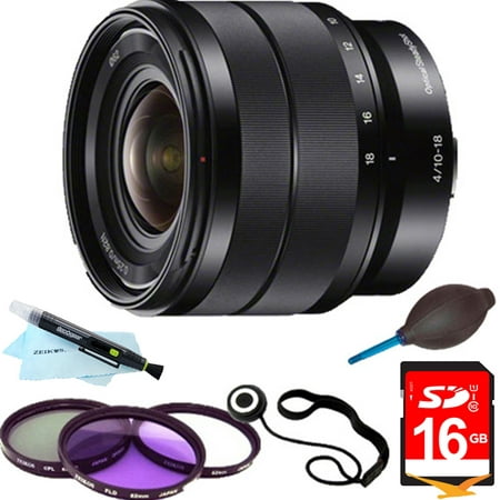 Sony SEL1018 10-18mm Wide-Angle Zoom Lens ESSENTIALS BUNDLE w/ 16GB Ultra SDHC Memory Card, Multi Coated Laser Cut Filter Kit, Lens Cap Keeper, Lens Pen Cleaning Kit, Dust