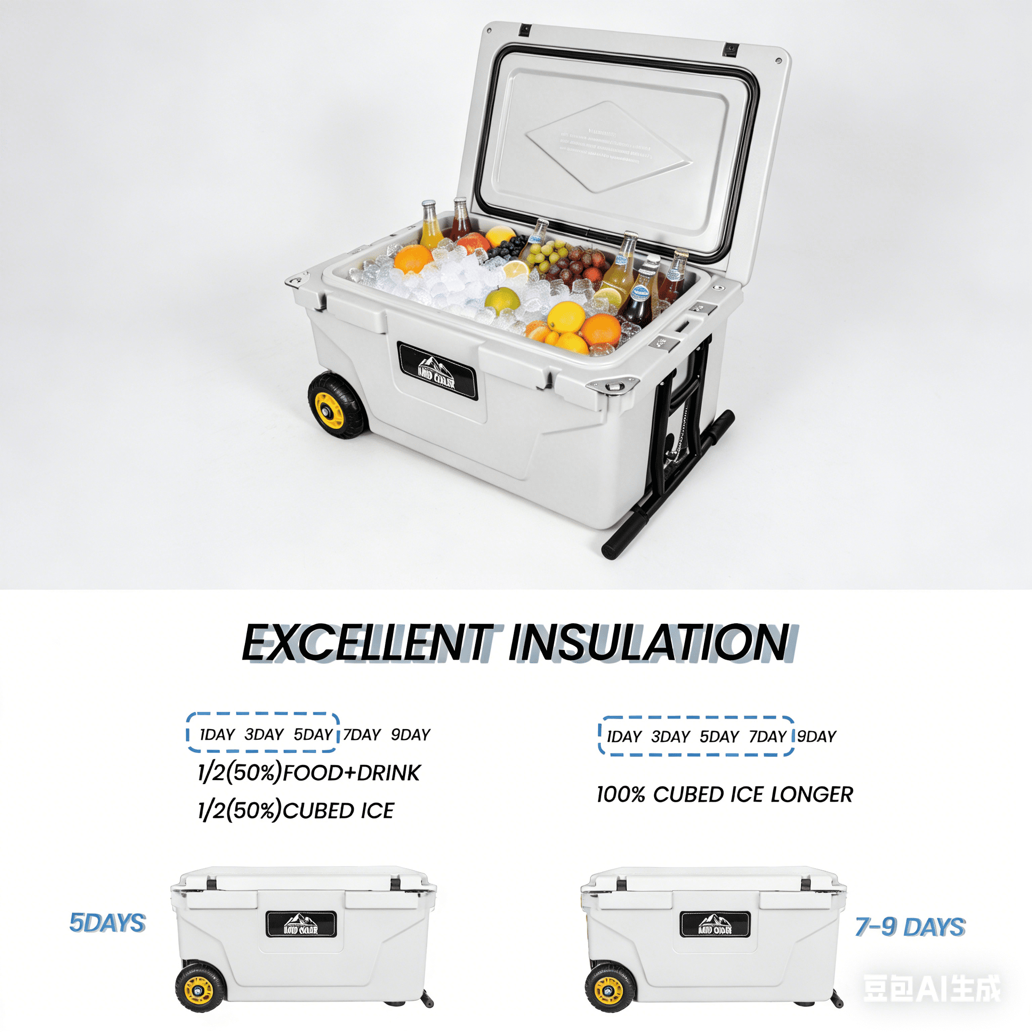 ANYKOON 110 Quart Rotomolded White Cooler, Heavy-Duty Hard Shell Ice Chest with 6-10 Day Ice Retention for Camping, Fishing & Tailgating