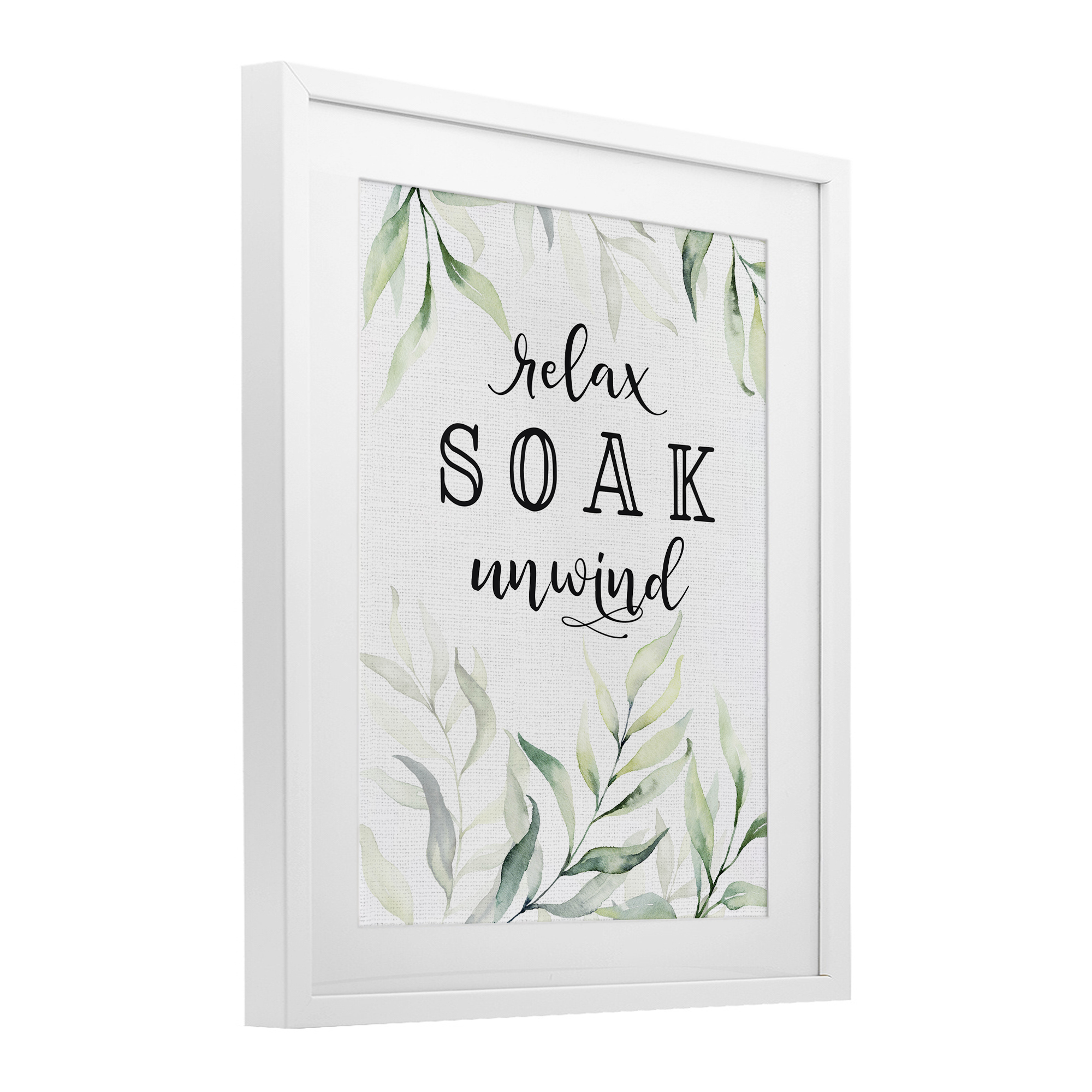 Soak & Unwind with Leaves White Framed Print Under Glass, design by Lettered and Lined
