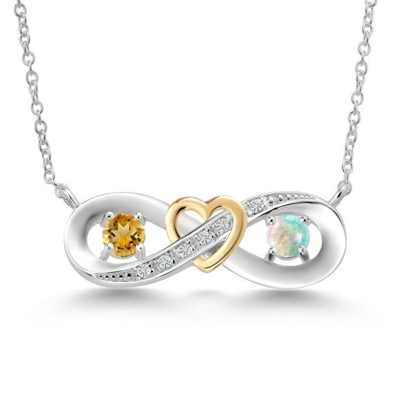 Gem Stone King 925 Silver and 10K Yellow Gold Two-Tone Yellow Citrine White Simulated Opal and Lab Grown Diamond Infinity Pendant Necklace for Women (0.57 Cttw, with 18 inch Chain)