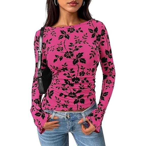 PRETTYGARDEN Women Long Sleeve Floral Mesh Tops Blouse Fall Trendy Boat Neck Ruched Fitted Shirt Going Out Date Outfits