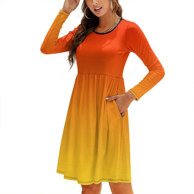 Dégradé Ombré Orange Rouge et Jaune une des 100 Robe Décontractée Chic Ombrée 2 T à Manches Longues pour Femmes avec Poche