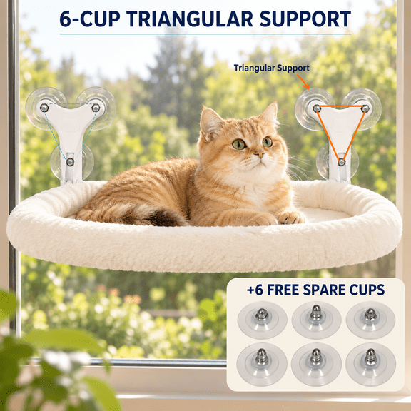 UTHCLO Cat Window Perch, Foldable Cat Window Hammock with 6-Cup Triangular Support, 6 Extra Replacement Suction Cups, Plush Bed, Holds up to 40 lbs