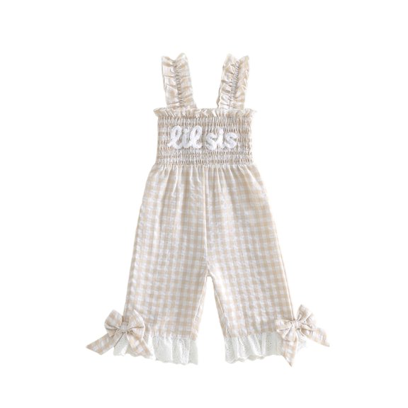 BemeyourBBs Toddler Baby Girls Littler Sister Outfit Summer Clothes Gingham Plaid Smocked Romper Overalls Lil Sis Letter Embroidery Sleeveless Square Neck Wide Legs Long Pants Jumpsuit Overalls