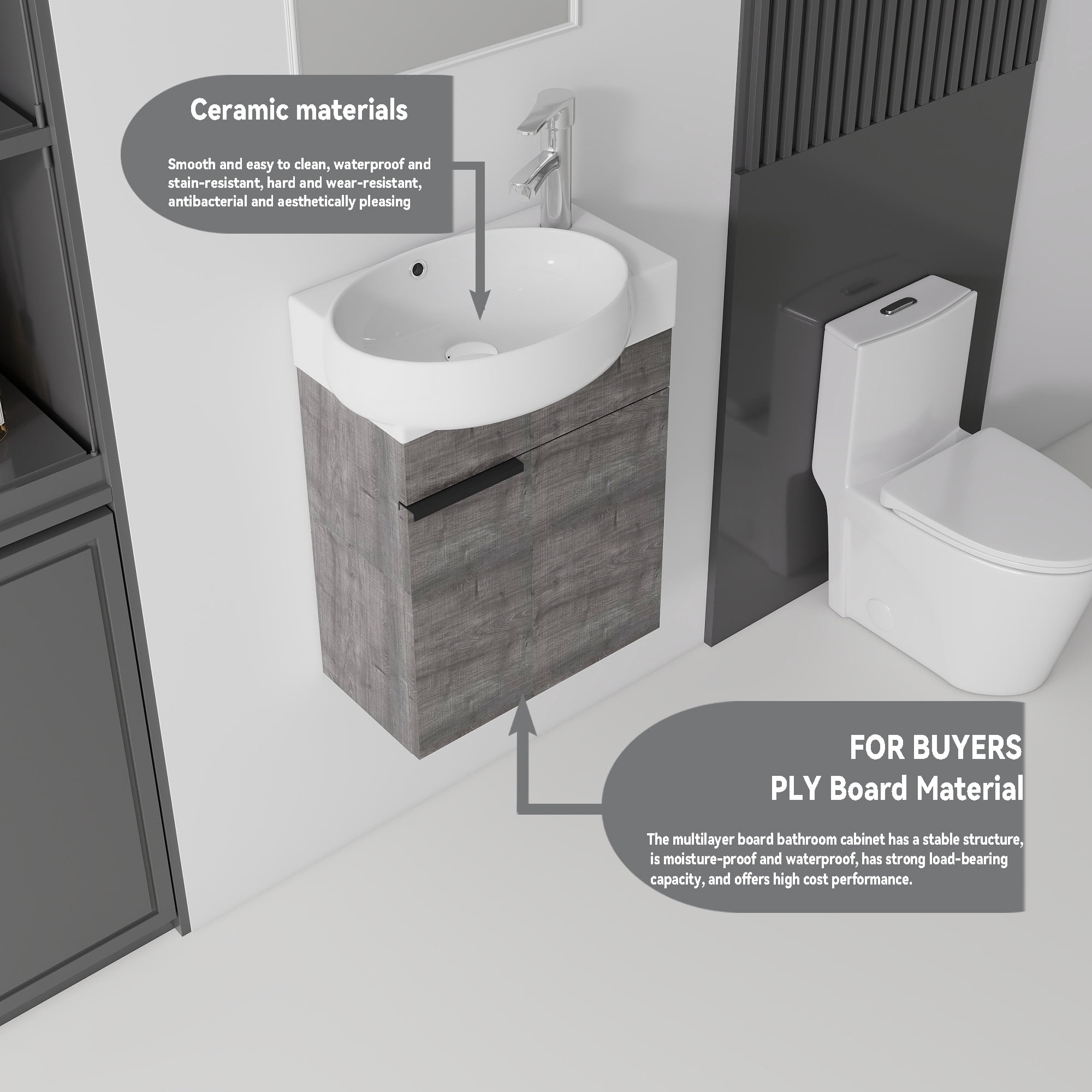 Leumius 16" Wall-Mount Bathroom Vanity Cabinet with with Ceramic Sink & Soft‑Close Doors for Small Space,Bathrooms,Grey