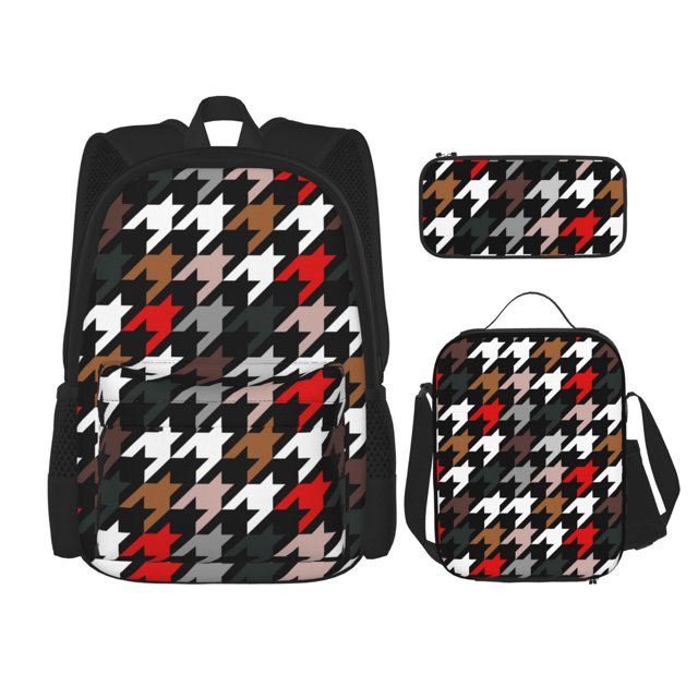 Fotbe Houndstooth Green Red Set Escolar 3 en 1 para Niños - Mochila Duradera con Lonchera Aislante y Estuche para Lápices - Mochila Escolar para Niños y Niñas