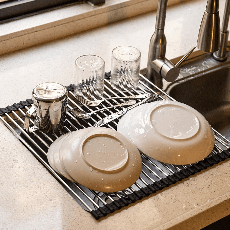 Sink Drying Rack 20 x 12 Roll Up Kitchen Drain Rack Stainless Steel and Silicone Dishwashing sponge