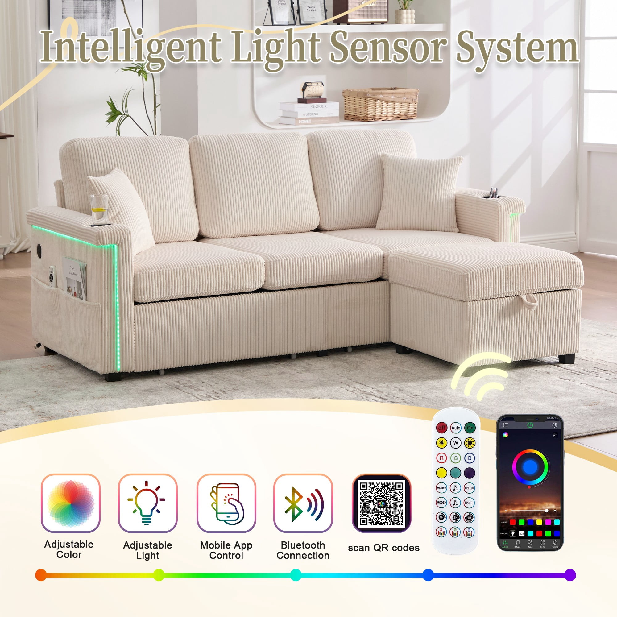 L-Shaped Sectional Sofa,Corduroy Convertible 3-Seat Sofa Couch with Pull-Out Storage,Ottoman for Living Room,Apartment,Beige