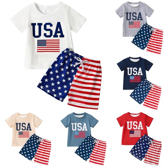 VOUZZA Boys Independence Day Outfit 4th of July Short Sleeve Shirt and Shorts 2-Piece Set Patriot Holiday Clothes Kids