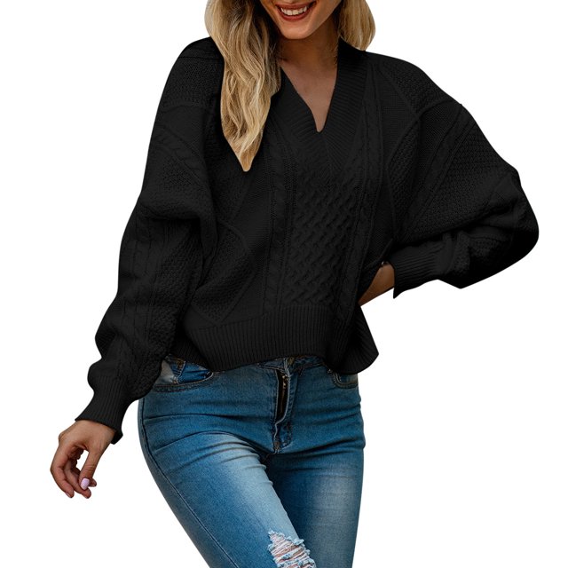 Gibobby Suéter de invierno para mujer Suéter de punto de manga larga con en la espalda y cuello en V de Color sólido para mujer de otoño e invierno(Negro,M)