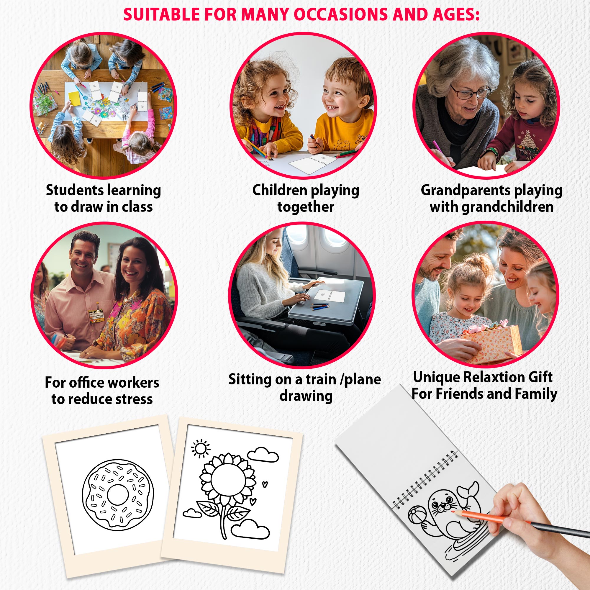 Various Themes Mini Coloring Book Spiral Bound for Adult, Pack 6, 3.5” x 3.5” Pocket Size, 40 Coloring Pages Stress & Anxiety Relief, Travel for Women Men