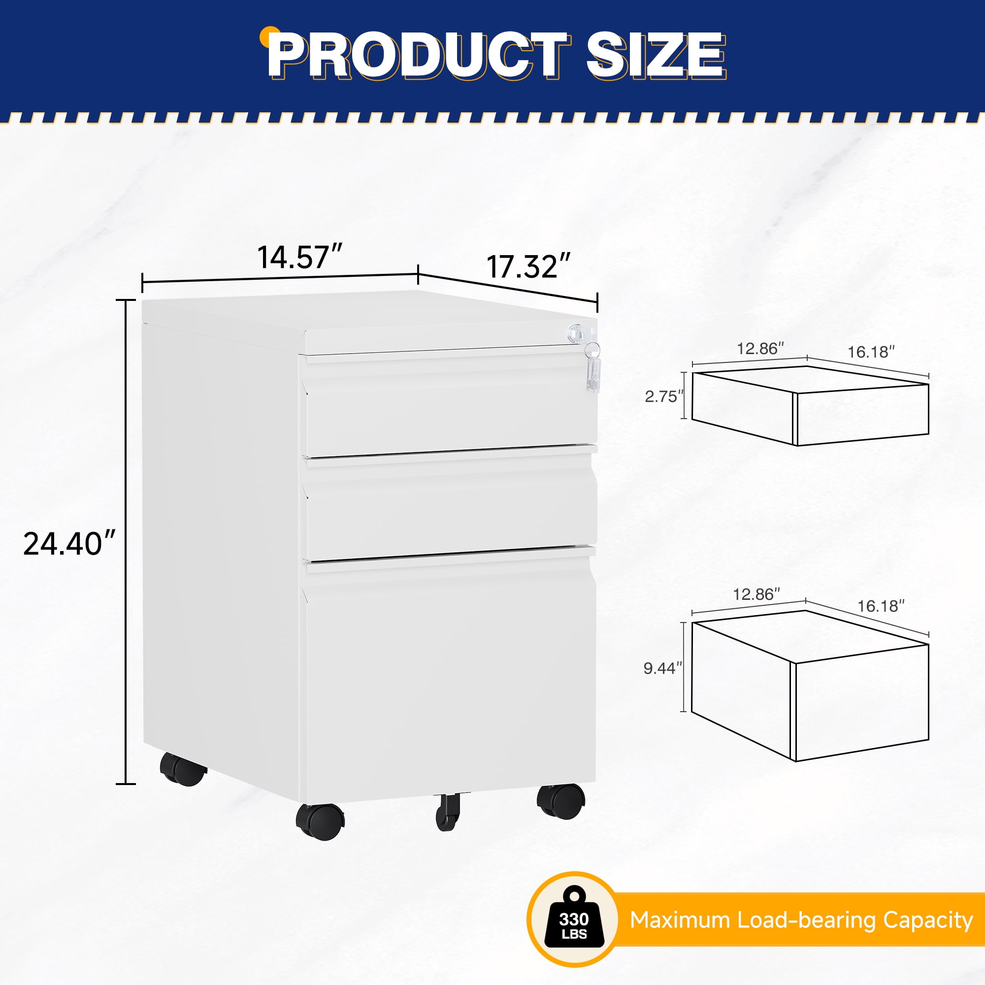 AUHUP 3 Drawer Mobile File Cabinet with Lock, Metal Filing Cabinet with Wheels for Legal/Letter/A4 File, Under Desk File Cabinets for Home Office,White,Fully Assembled