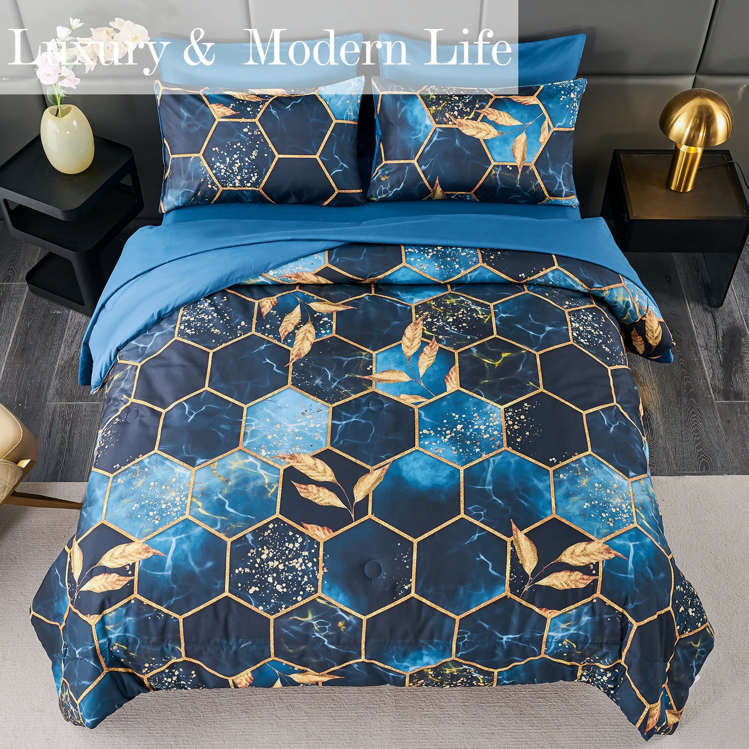 RYNGHIPY 3 Pieces Hexagon Comforter Set Full Size 3D Geometric Honeycomb Bedding Set Gold Trim Bedding Qulit Set Modern Steel Blue Foil Print Bed Set for Women Men (Blue, Full)