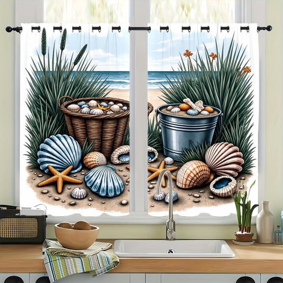 WNOOHIY Seashell Beach Basket Grommet Blackout Curtains, Thermal Insulated Noise‑Reducing Room Darkening Curtain Drapes for Bedroom Living Room, 2Pcs