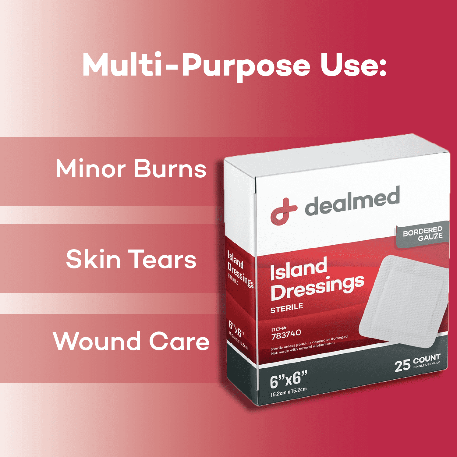 Dealmed Bordered Gauze 6" x 6" Island Dressing, Individually Wrapped, Sterile, 25/Box (Pack of 6)