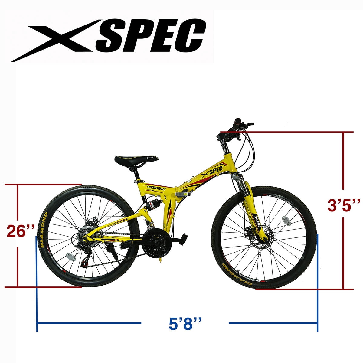 Xspec 21 Speed Folding Compact Mountain Bike, Yellow, 26"